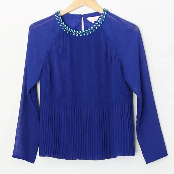 Ted Baker Lovina Jewel Embellished Accordion Pleated Blouse Cobalt Royal Blue 4 - Picture 5 of 16